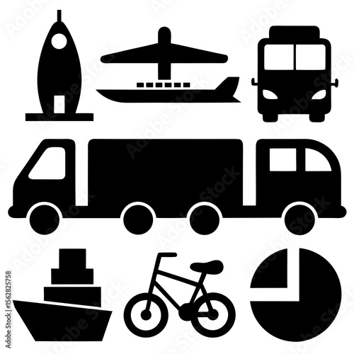 Transportation Icons: A collection of transportation icons featuring an airplane, buildings, a car, a truck, a bus, and a hot air balloon, each rendered in a simple, clean design.