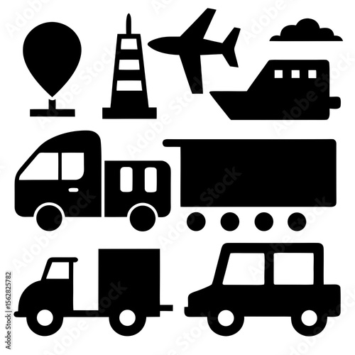 Transportation Icons: A collection of transportation icons featuring an airplane, buildings, a car, a truck, a bus, and a hot air balloon, each rendered in a simple, clean design.