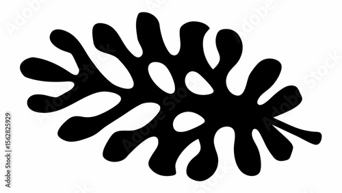 Silhouette of a stylized leaf with rounded edges and internal cutouts in black and white color scheme