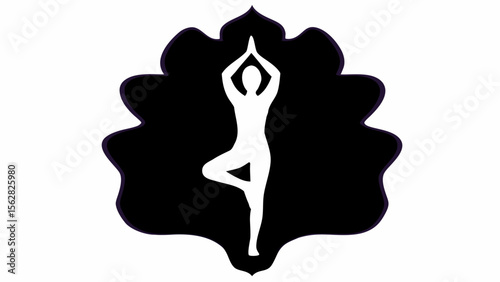 Silhouette of a person in tree pose yoga against a decorative black background with a white outline