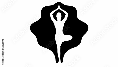 Silhouette of a person in tree pose with hands together above head against a black abstract shape