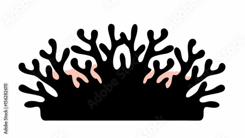 A stylized black coral silhouette with pink accents against a white background in a minimalist design