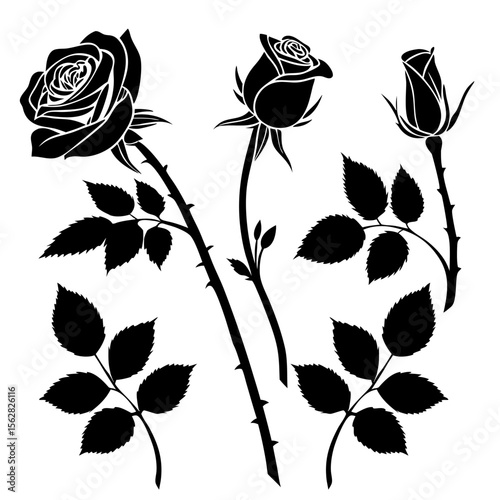 Three Black Silhouette Design Roses with Leaves