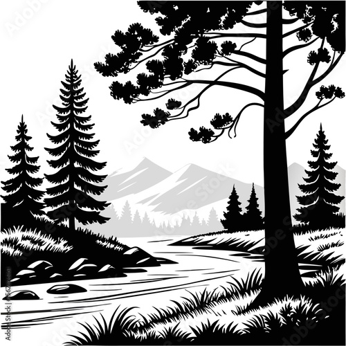 Black and White Silhouette of River Landscape with Mountains
