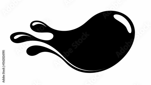 Illustration of a black ink blot with three smaller droplets trailing behind on a white background space