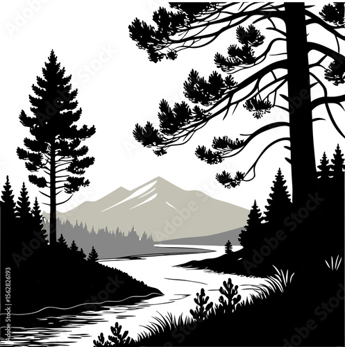 Silhouette Landscape Design with River Mountains and Pine Trees