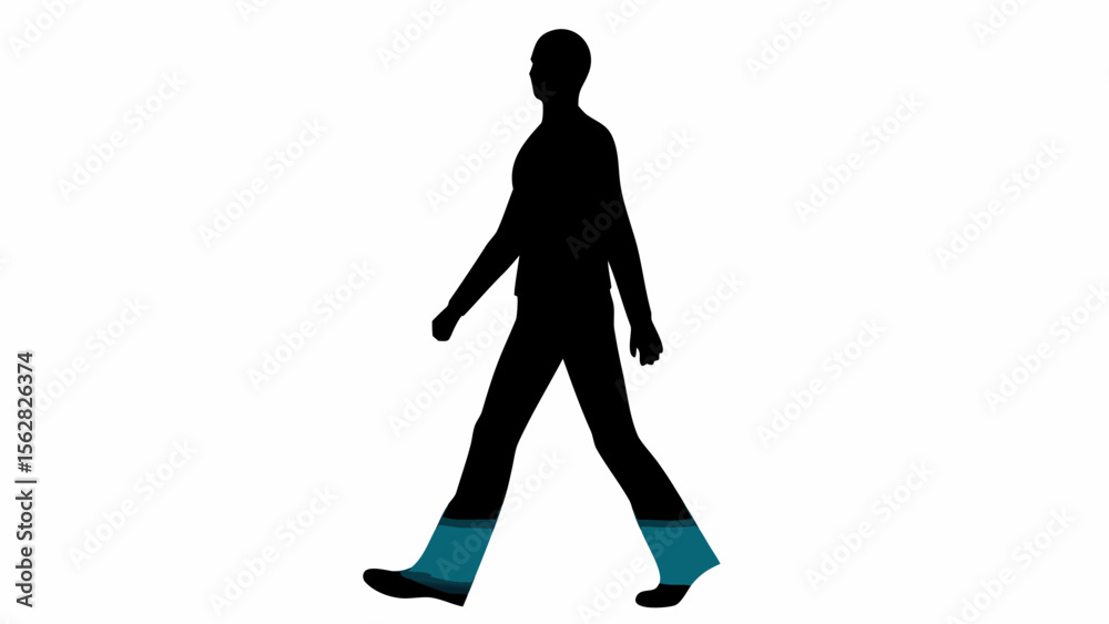 Silhouette of a man walking with teal accents on the lower legs against a white background scene view