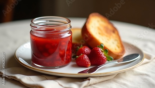 Still life featuring a soft jar of strawberry jam beside a golden-brown slice of brioche toast, with a butter knife resting on the plate. Pale linen cloth beneath, softly wrinkled for texture,