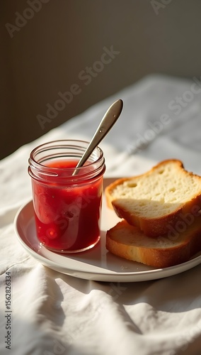 Still life featuring a soft jar of strawberry jam beside a golden-brown slice of brioche toast, with a butter knife resting on the plate. Pale linen cloth beneath, softly wrinkled for texture,