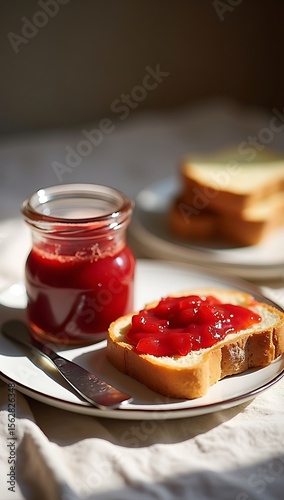 Still life featuring a soft jar of strawberry jam beside a golden-brown slice of brioche toast, with a butter knife resting on the plate. Pale linen cloth beneath, softly wrinkled for texture,