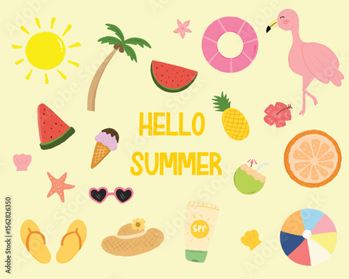 Summer vacation themed graphic design with various summer elements.