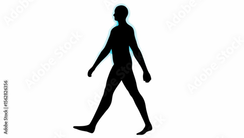 Silhouette of a person walking with arms swinging and legs in motion against a white background space around