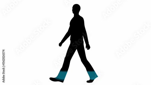 Silhouette of a man walking with teal accents on the lower legs against a white background scene view