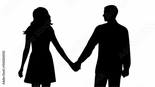 Silhouette of a couple holding hands in a romantic pose against a white background in a simple style