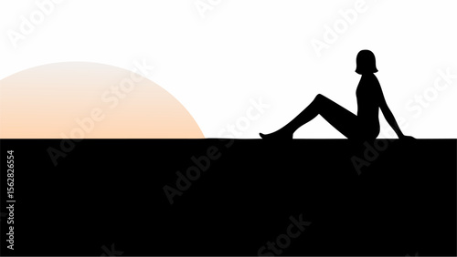 Silhouette of a woman sitting at sunset with her legs extended against a black and white background
