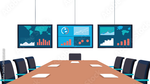 Illustration of a conference room with a large table chairs and three screens displaying data charts