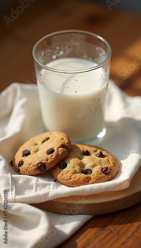 A comforting still life of a clear glass of milk paired with two fresh chocolate chip cookies on a folded linen napkin. Placed on a warm-toned wooden surface, captured in soft afternoon light.

