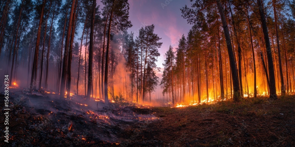 Fototapeta premium Forest fire at sunset