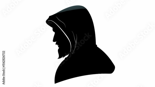 Silhouette of a hooded figure with a beard in profile against a white background creating a dark image