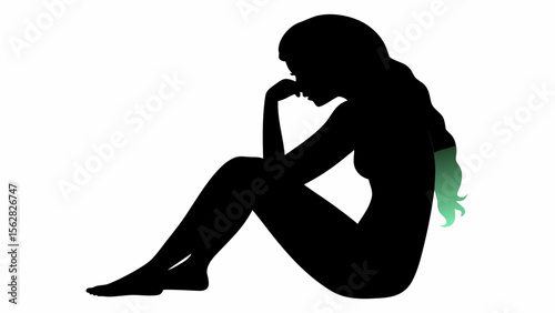 Silhouette of a seated woman with hand to face and green tipped hair in a contemplative pose on white