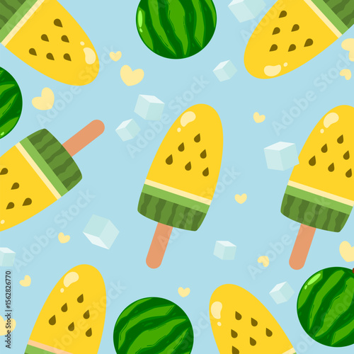 Popsicle yellow watermelon seamless pattern. Ice cream illustration. Summer theme cartoon. Can be used for wallpaper, print, and fashion fabric