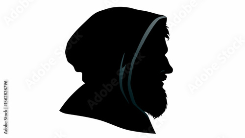 Silhouette of a bearded man wearing a hood in profile with a dark mysterious and shadowy appearance