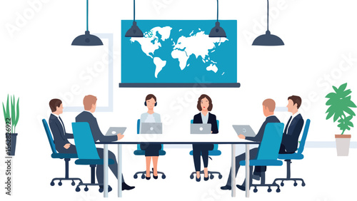 People in a meeting room with a world map on the wall and laptops on the table during a presentation
