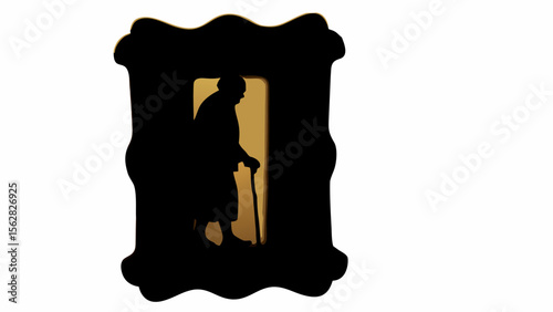 Silhouette of an elderly person with a cane framed in a decorative black frame with gold background