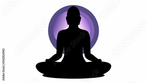 Silhouette of a person meditating in lotus position against a purple circular gradient background design