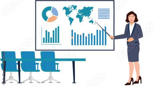 Businesswoman presenting data charts and world map with pointer in a meeting room setting visual