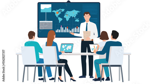 Man presenting world map and charts to a group of people in a meeting room setting illustration