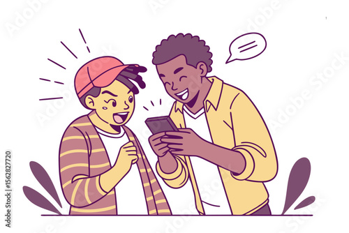 Digital Delight: Two friends share a moment of laughter as they explore a smartphone, highlighting a connection in an era of digital communication.