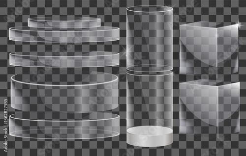 Set of transparent glass podiums on a transparent background. Vector illustration