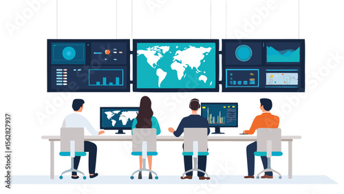 People working in a control room with multiple monitors displaying data and a world map, sitting at desks