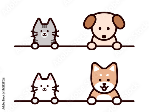 シンプルかわいい犬と猫がのぞいているライン素材