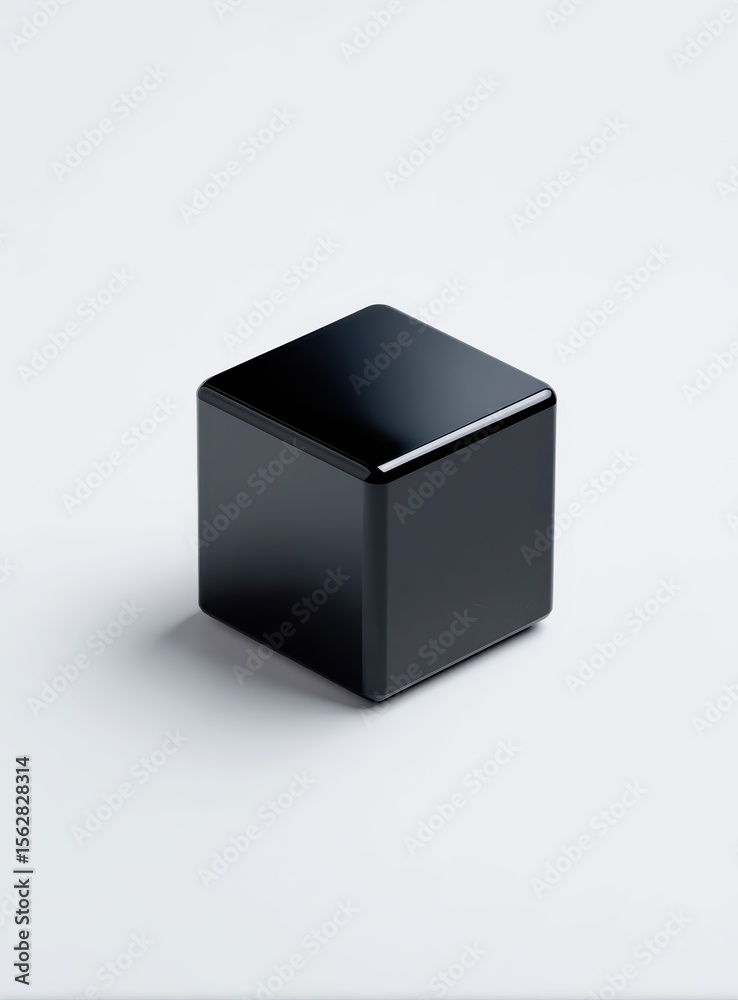 A glossy black cube sits on a minimalist white background, casting a subtle shadow A glossy black cube sits on a minimalist white background, casting a subtle shadow