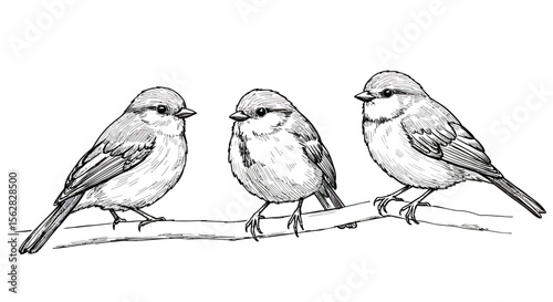 Vector Ink Sketch of Three Little Birds on a Branch – Hand Drawn Vintage Style Illustration