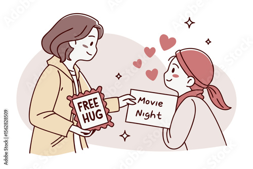 Movie Night & Free Hugs: A charming illustration capturing the warmth of a cozy movie night and a heartfelt free hug, sharing love and friendship.