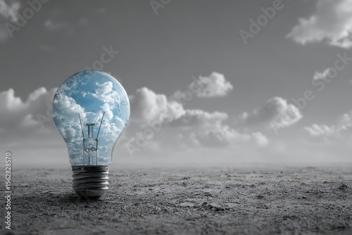 A lightbulb on barren land reflects a vibrant blue sky with clouds, symbolizing hope and innovative solutions in a challenging environment