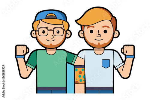 Two Happy Friends: two cute happy friends cartoon characters, they are enjoying and standing together.