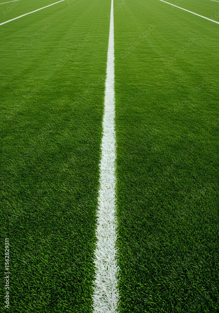 Obraz premium Thick horizontal white painted line is running across green grass turf in flat vector illustration, wallpaper, a green grass field with a thick white line running horizontally across the center. 