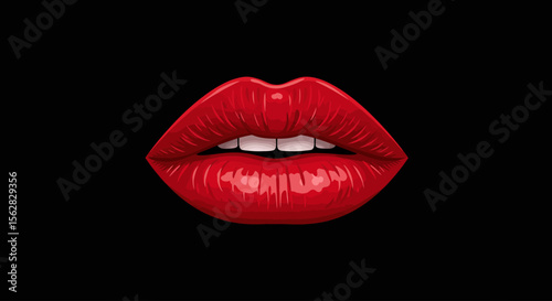 Vector Illustration of Red Lips on Black Background – Bold Lip Icon for Beauty and Fashion Design