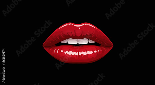 Vector Illustration of Red Lips on Black Background – Bold Lip Icon for Beauty and Fashion Design