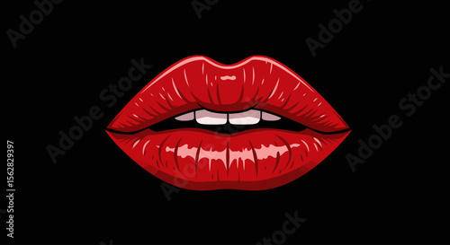 Vector Illustration of Red Lips on Black Background – Bold Lip Icon for Beauty and Fashion Design