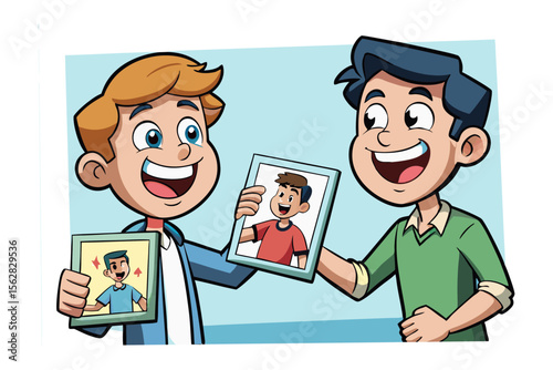 Friends Holding Portraits: Two youthful friends are laughing, proudly showcasing framed portraits of themselves, celebrating friendship and self-expression.
