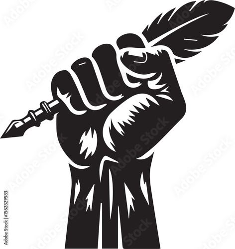 Print Hand Holding Feather Quill Pen Vector Illustration