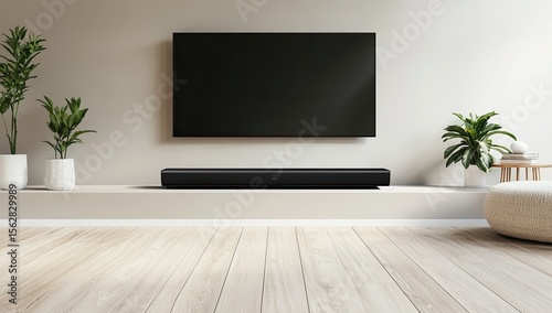 Modern living room with TV and soundbar