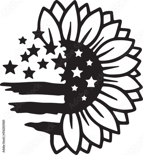 Print Patriotic Sunflower with American Flag Stars and Stripes Silhouette