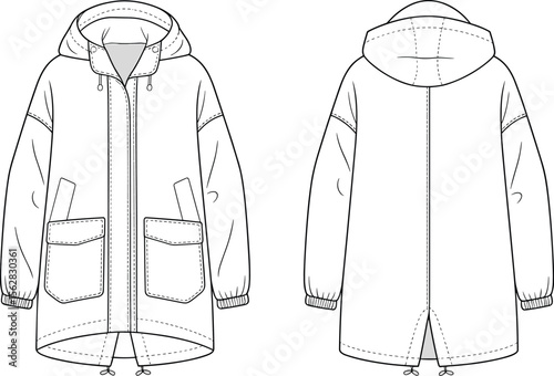 CAD drawing flat vector illustration of winter parka coat, hooded jacket design, front and back view sketch, zipper closure, flap pocket detail, stylish outerwear garment layout