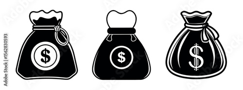 Minimal Black Silhouette Money Bag Icon with Dollar Symbol Vector Style Design